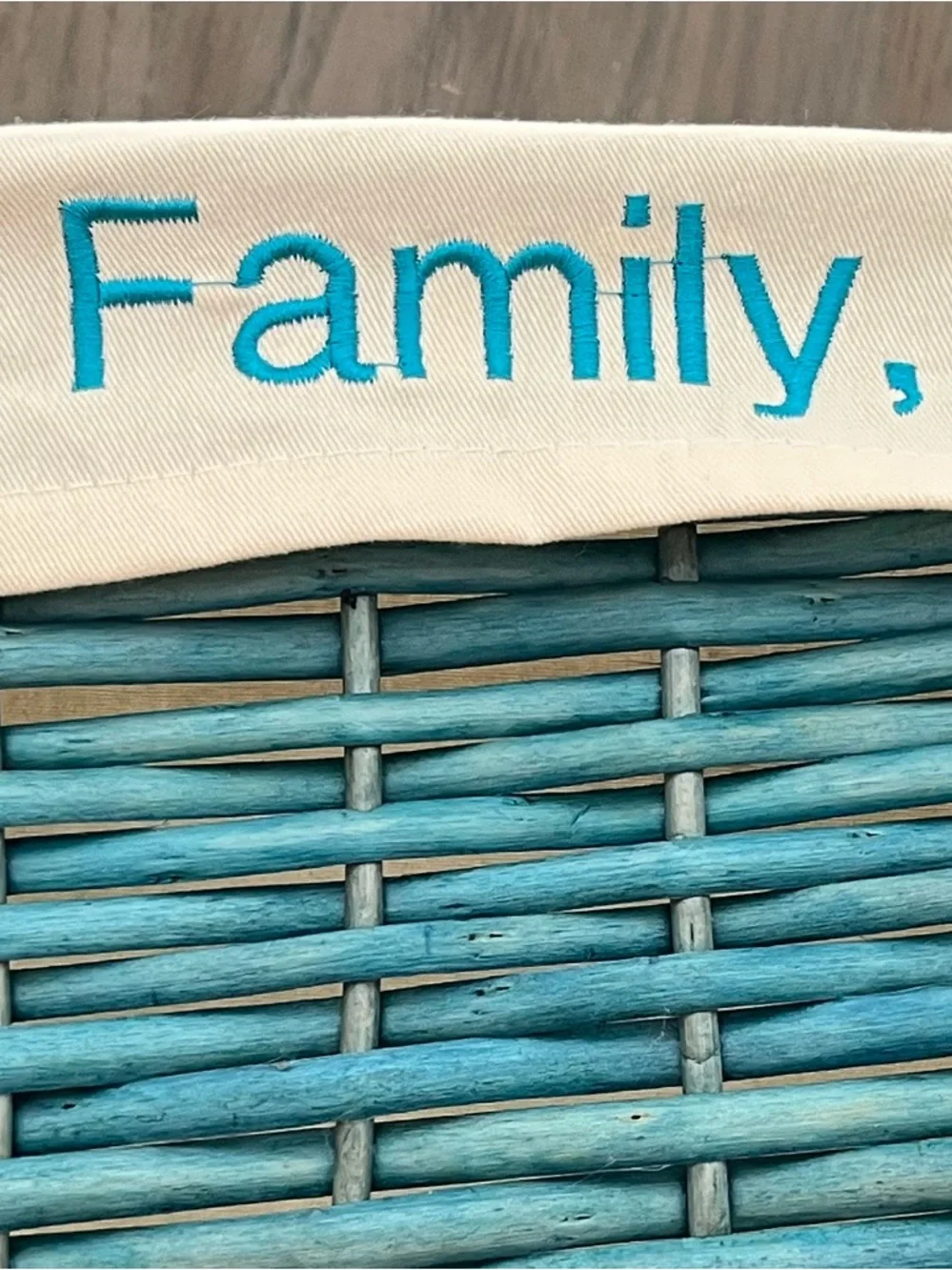 Wicker Basket with Fabric Liner - “Faith, Family, Friends”